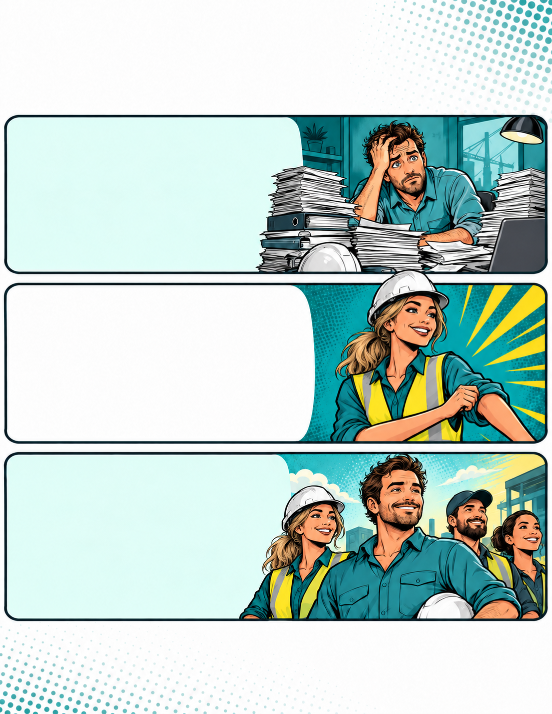 The existing 100% Safety comic showing a business owner supported by a safety advisor