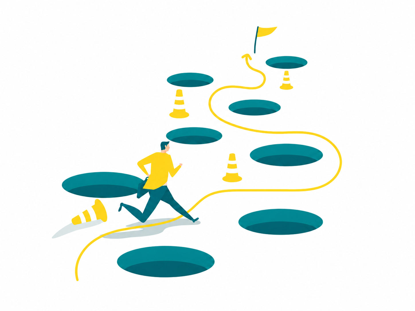 A business owner following a yellow path around teal obstacles and safety cones toward a finish flag.