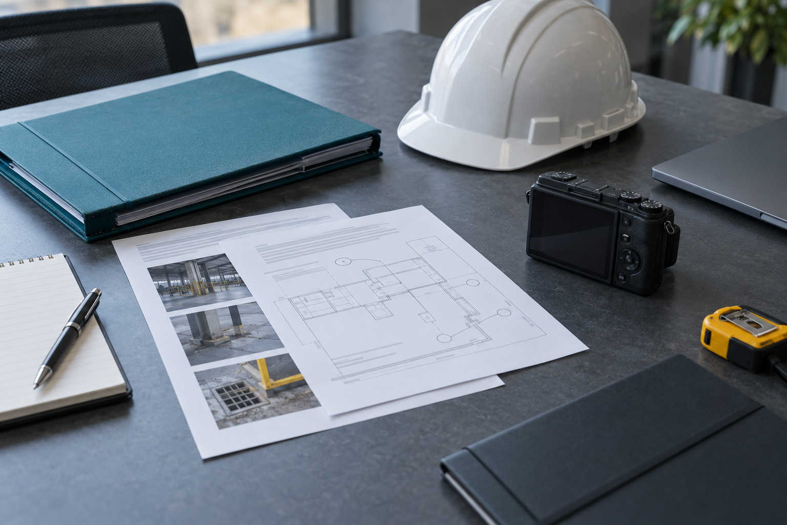 A hard hat, camera and investigation records organized on a work table