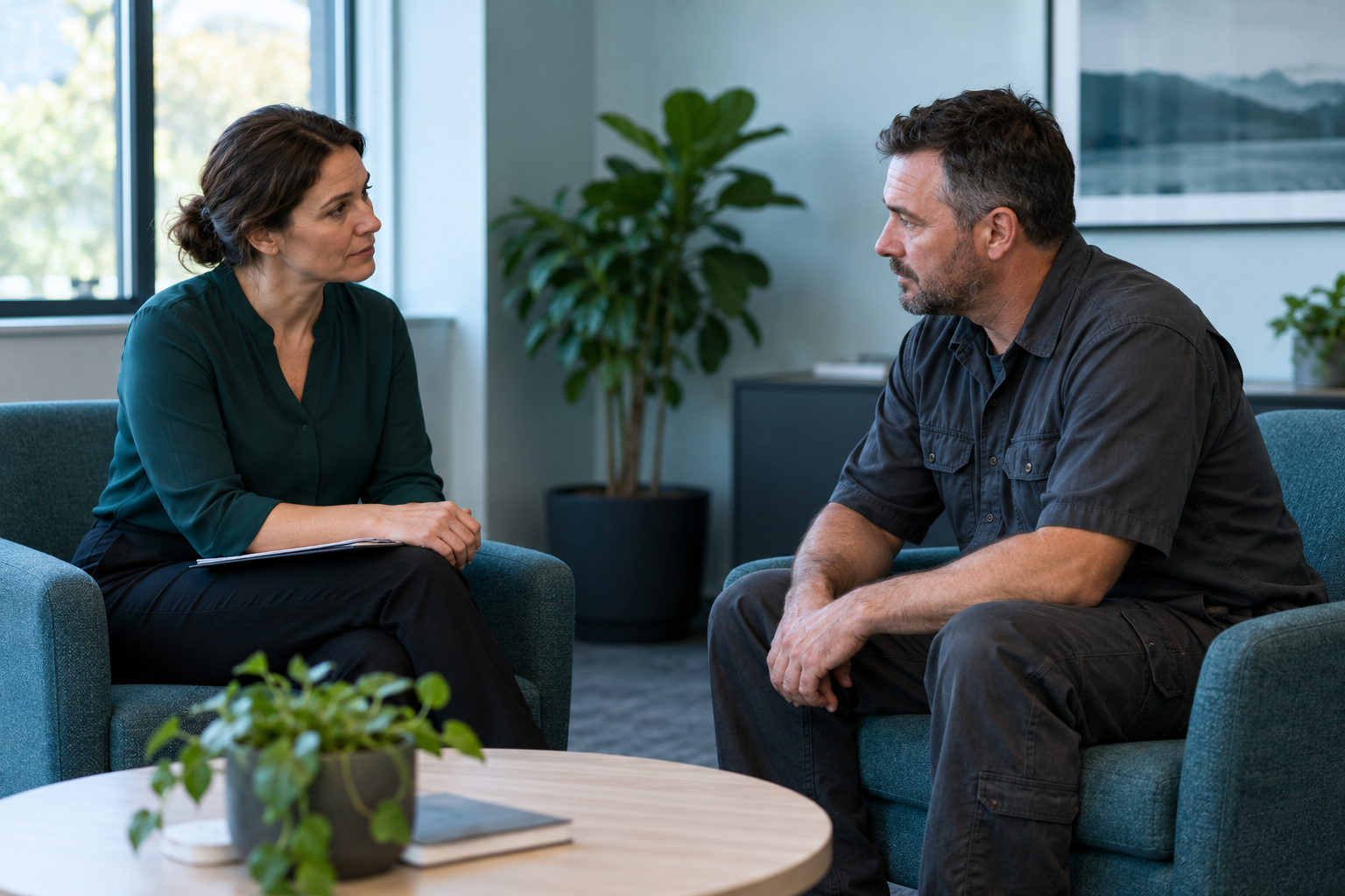 An illustrative scene of a worker having a quiet, supportive conversation