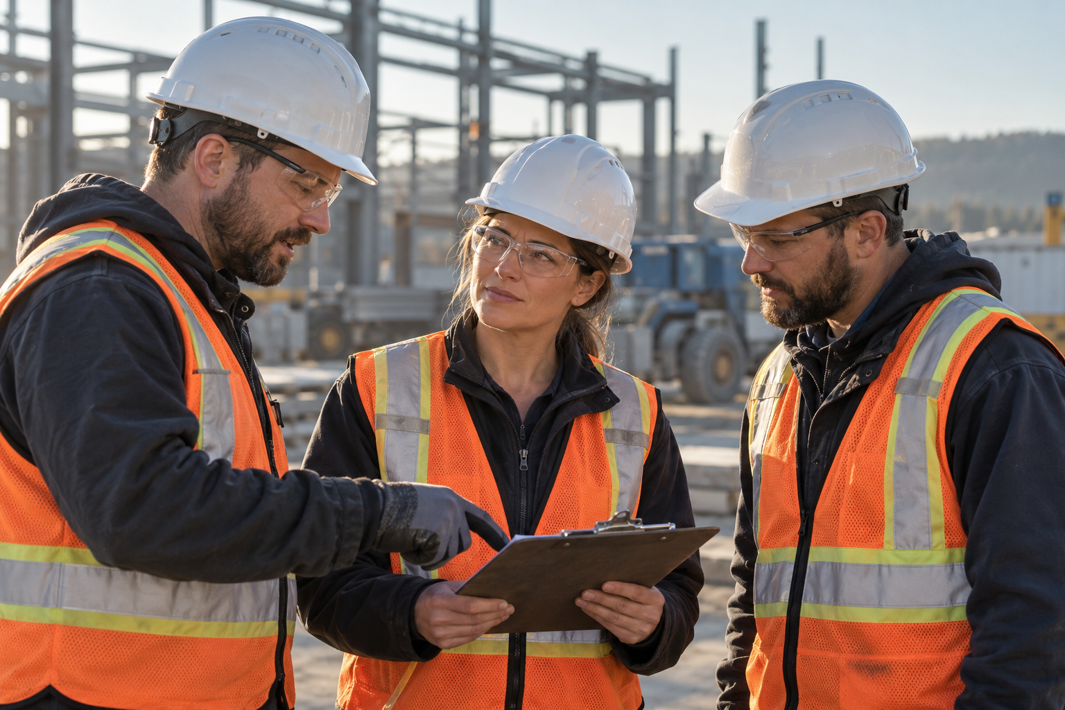 Illustrative worksite scene of a supervisor listening to crew members as they review a plan